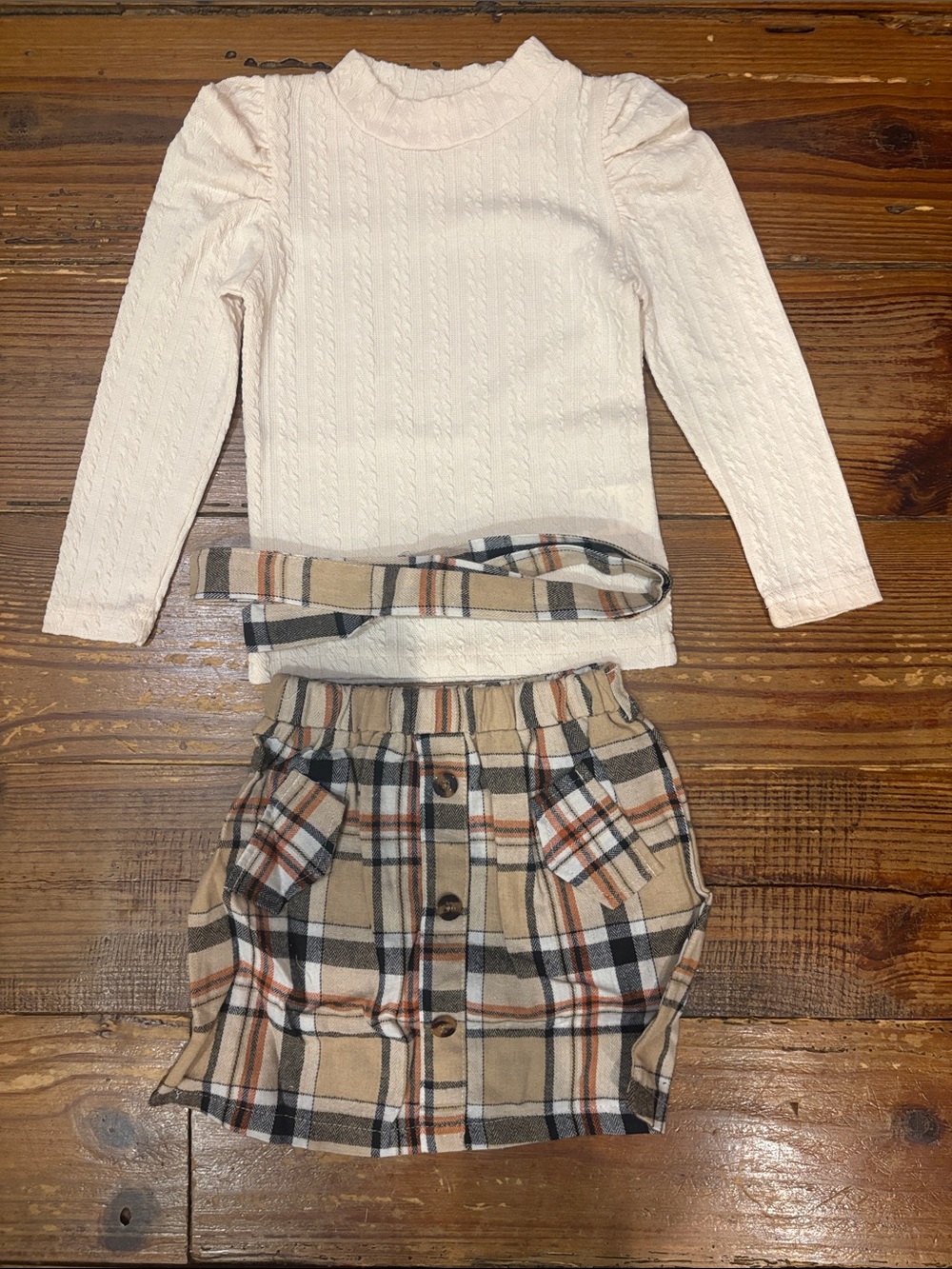Girls Cream Cable Knit Top with Plaid Button Skirt